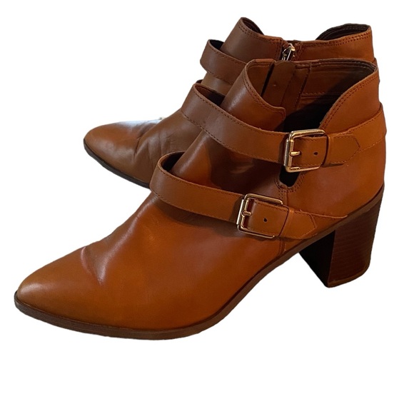 FRANCO SARTO CAMEL LEATHER ANKLE BOOTS WITH STRAPS WOMENS SIZE 10 STACKED HEEL - Picture 15 of 15
